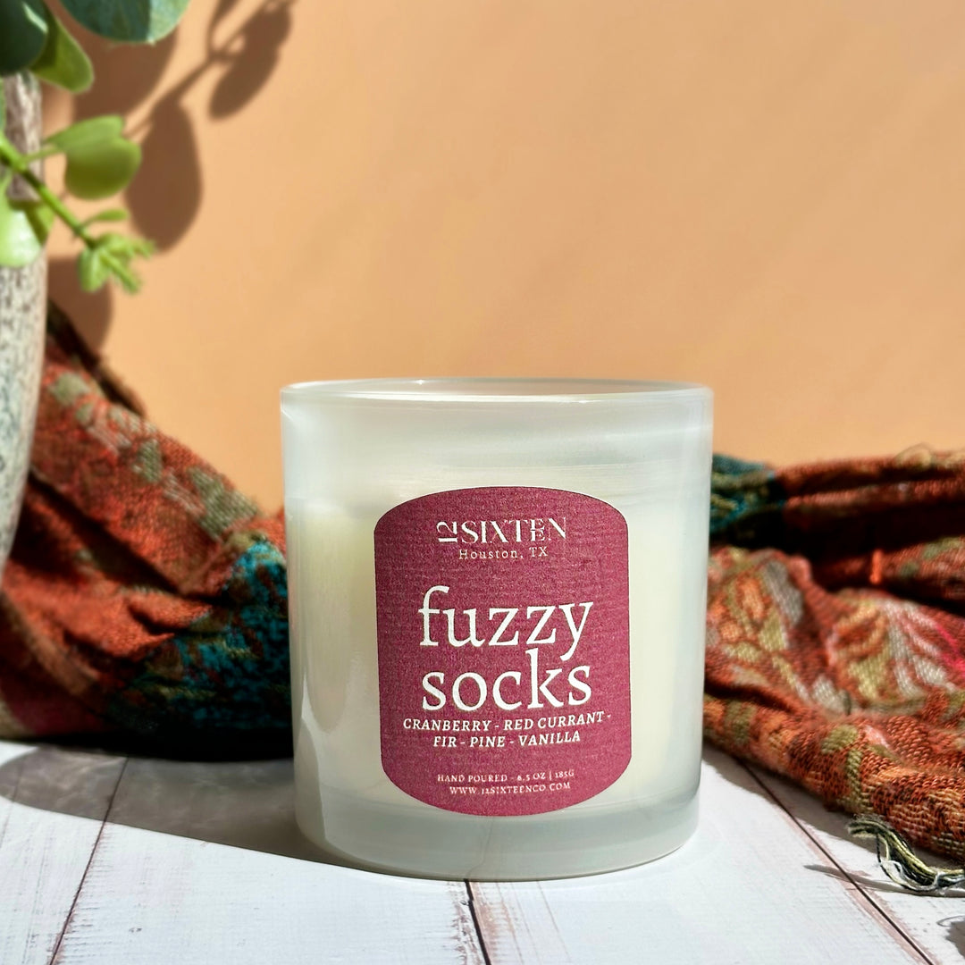 fuzzy socks - wood wick candle | cranberry + currant + fir +pine + vanilla