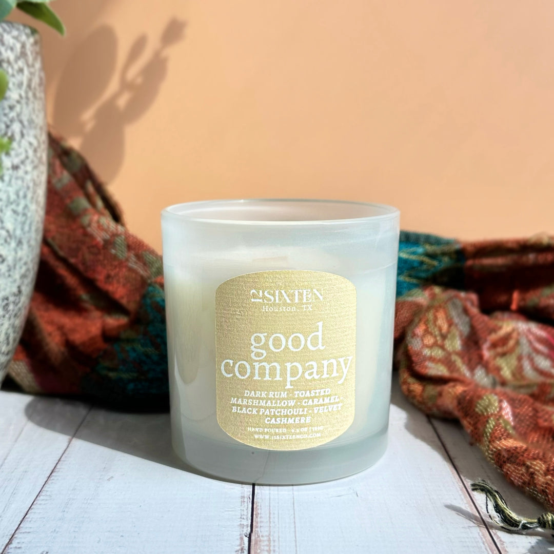 good company - wood wick candle | dark rum + toasted marshmallow + velvet cashmere